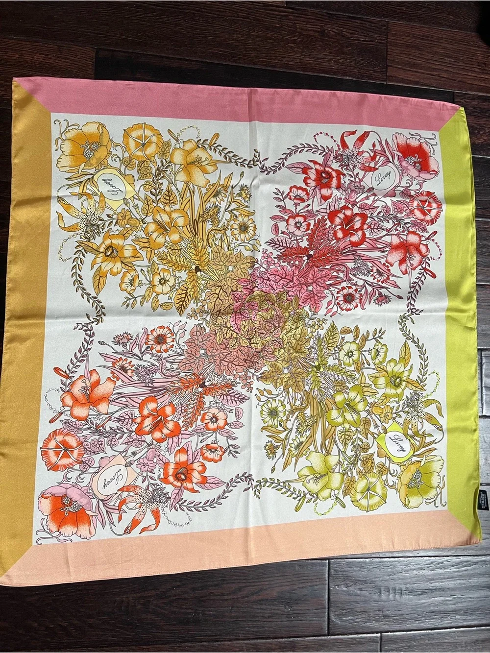 Floral Silk-Blend Square Scarf in Pink, Yellow & Green